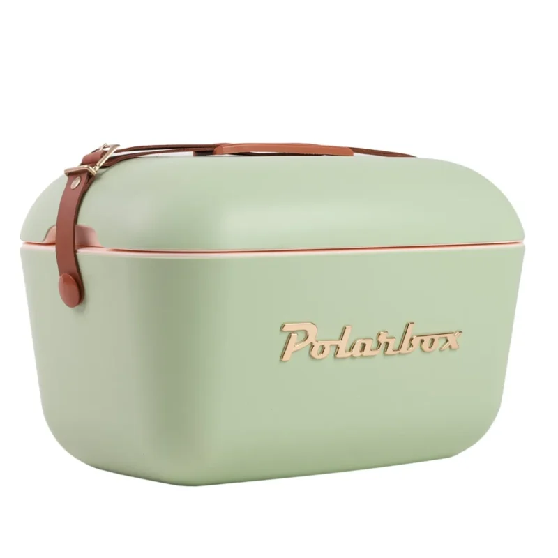 Glacière Polarbox 12L Olive Gold avec lanière en cuir naturel, vue de côté