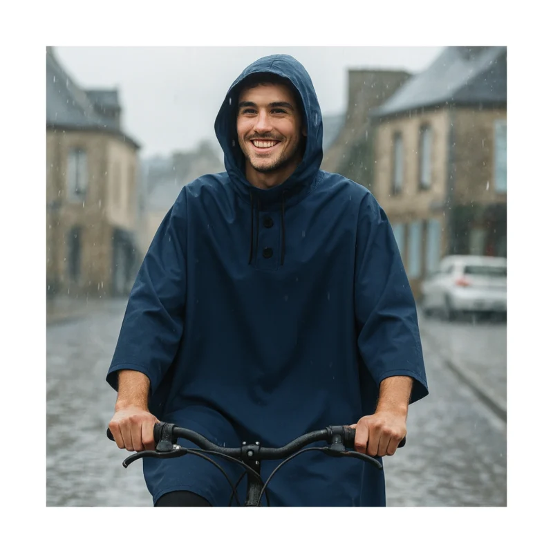 Cape de pluie vélo Badawin bleue lifestyle Bretagne avec capuche, imperméable et pratique pour cyclistes urbains.