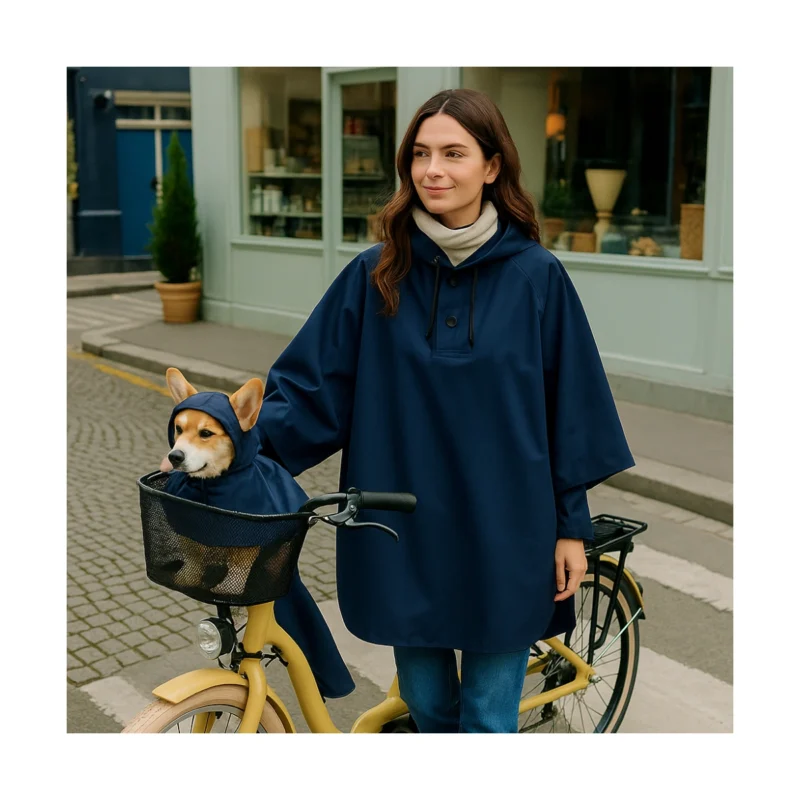 Cape de pluie vélo Badawin bleue lifestyle avec chien et capuche, imperméable et pratique pour cyclistes urbains.