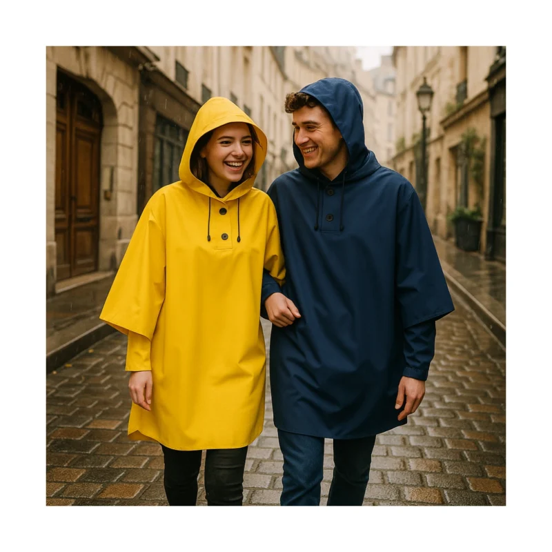 Cape de pluie vélo Badawin jaune et bleue portée par un couple à vélo, imperméables et pratiques pour cyclistes urbains.