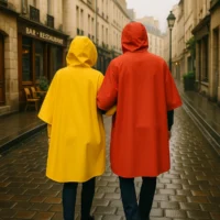 Couple marchant sous la pluie  jaune et en rouge
