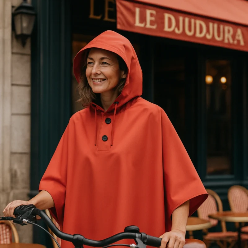 Femme élégante portant une cape de pluie vélo Badawin rouge devant un café