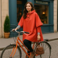 Jeune femme chic en vélo portant une cape de pluie vélo Badawin rouge