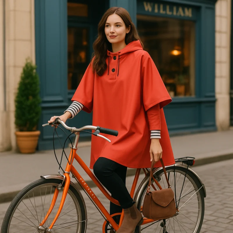 Jeune femme chic en vélo portant une cape de pluie vélo Badawin rouge