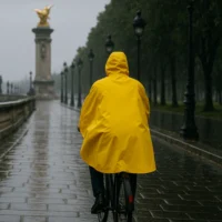 Vue arrière d’un cycliste portant la cape de pluie vélo Badawin jaune à Paris