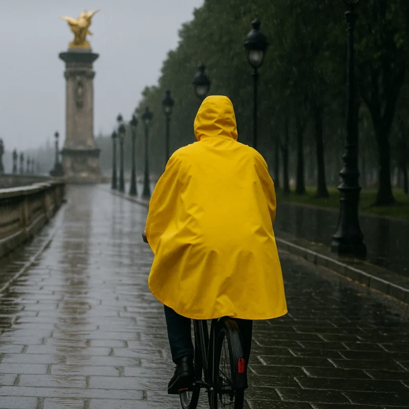 Vue arrière d’un cycliste portant la cape de pluie vélo Badawin jaune à Paris