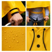 Détails de la cape de pluie vélo Badawin jaune : lanière poignet, ceinture intérieure, tissu déperlant et boutons pression