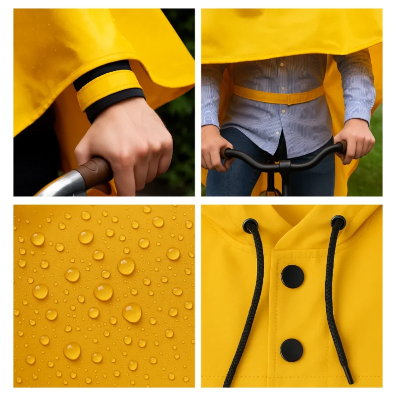 Détails de la cape de pluie vélo Badawin jaune : lanière poignet, ceinture intérieure, tissu déperlant et boutons pression