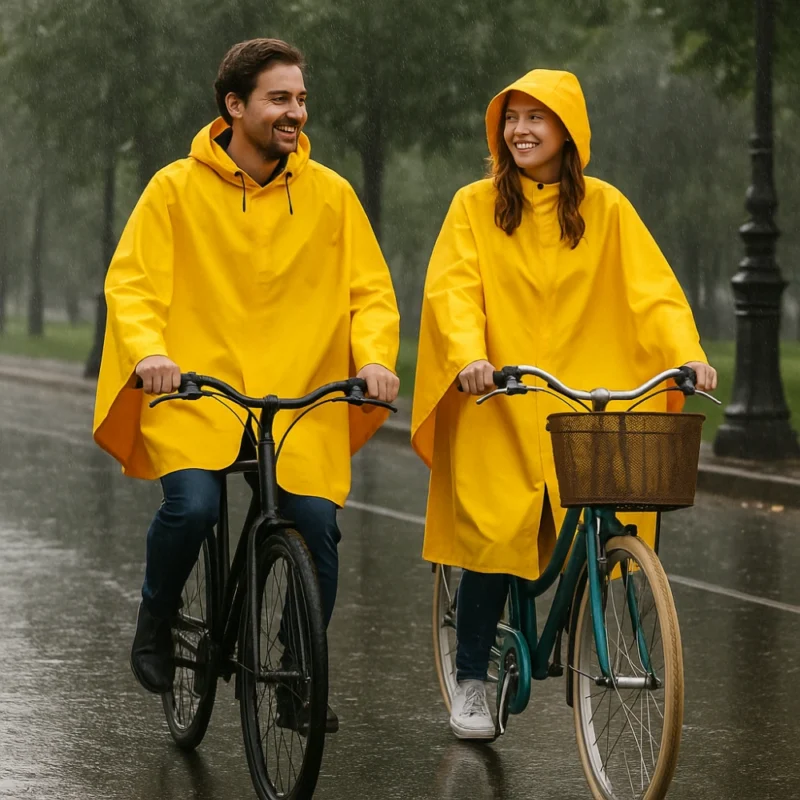 Couple homme et femme à vélo sous la pluie avec cape de pluie