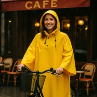 Femme souriante avec cape de pluie Badawin jaune devant un café