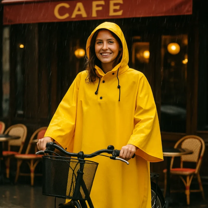 Femme souriante avec cape de pluie Badawin jaune devant un café