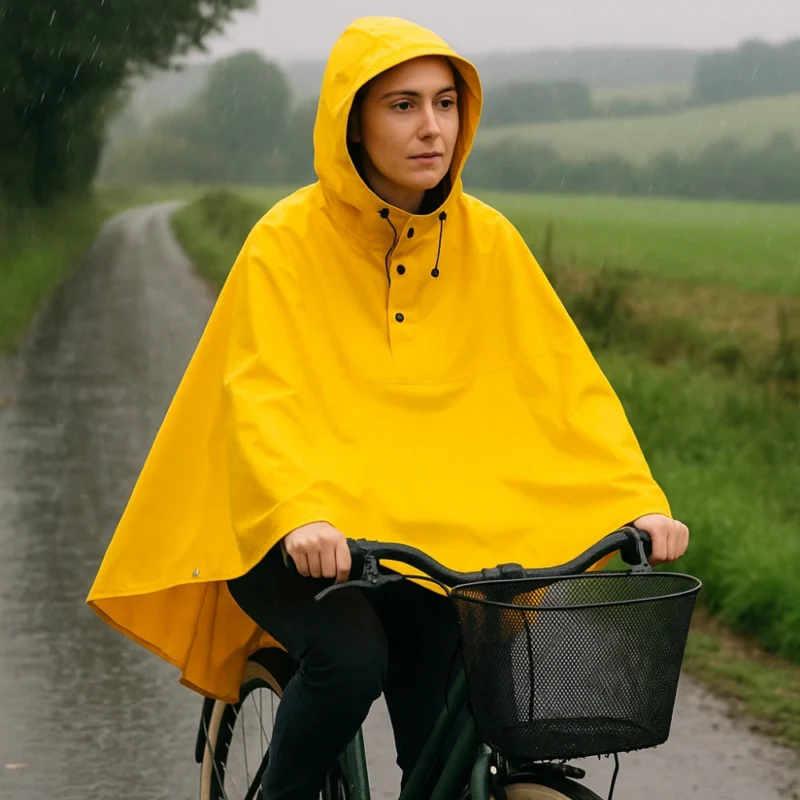 Femme portant la cape de pluie vélo Badawin jaune à vélo à la campagne