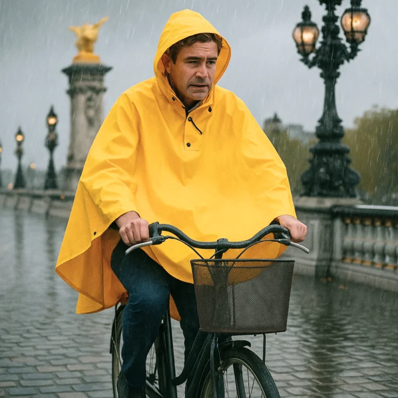 Homme portant la cape de pluie vélo Badawin jaune en vélo