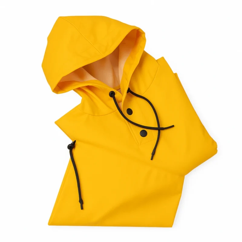 Cape de pluie vélo Badawin jaune pliée sur fond blanc