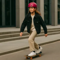 Adolescente en skateboard portant un casque de vélo Badawin couleur cerise