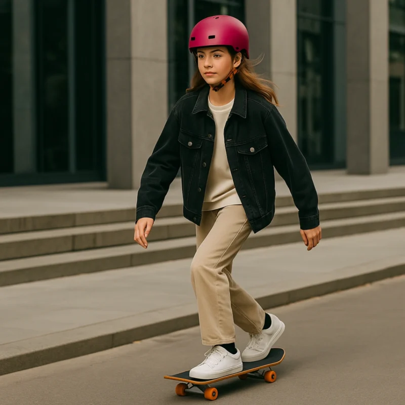 Adolescente en skateboard portant un casque de vélo Badawin couleur cerise