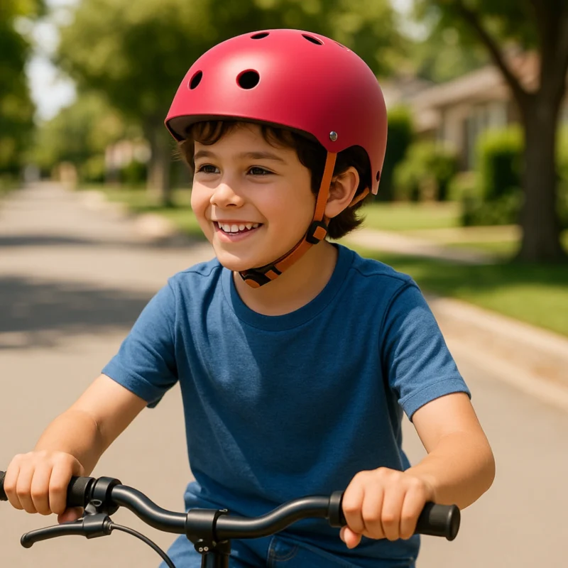 Enfant souriant portant un casque de vélo Badawin couleur cerise