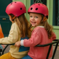 Deux petites filles souriantes portant un casque de vélo Badawin couleur cerise