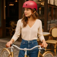 Jeune femme élégante portant un casque de vélo Badawin couleur cerise devant un café