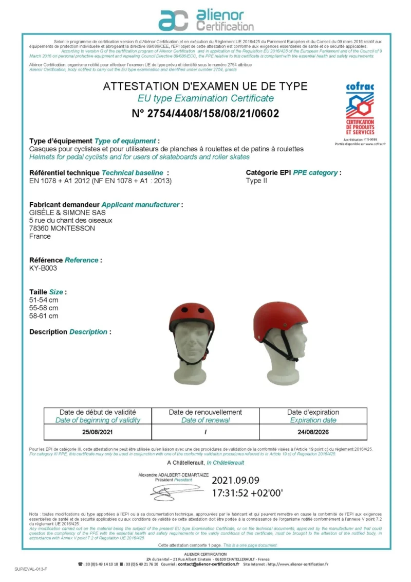 Certificat CE casque vélo norme EN1078 Alienor Certification modèle KY-B003