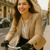 Femme souriante à vélo en blazer beige portant des gants de vélo en crochet noir
