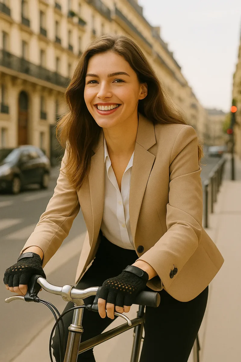 Femme souriante à vélo en blazer beige portant des gants de vélo en crochet noir