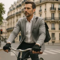 Homme en costume à vélo dans Paris portant des gants mitaines crochet noir.