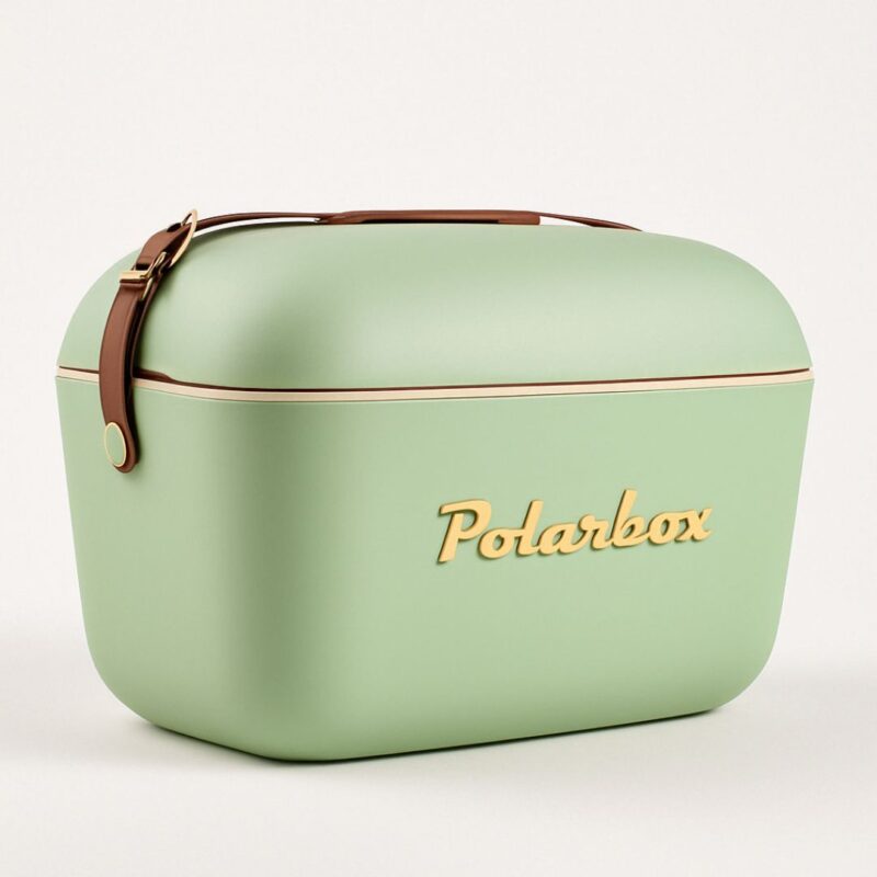 Glacière Polarbox 12L Olive Gold avec lanière en cuir naturel, vue de côté, design vintage et logo doré.