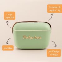 Glacière Polarbox 20L Olive Gold avec lanière en cuir, présentée avec ses caractéristiques : grande capacité, légèreté, design vintage et durabilité.