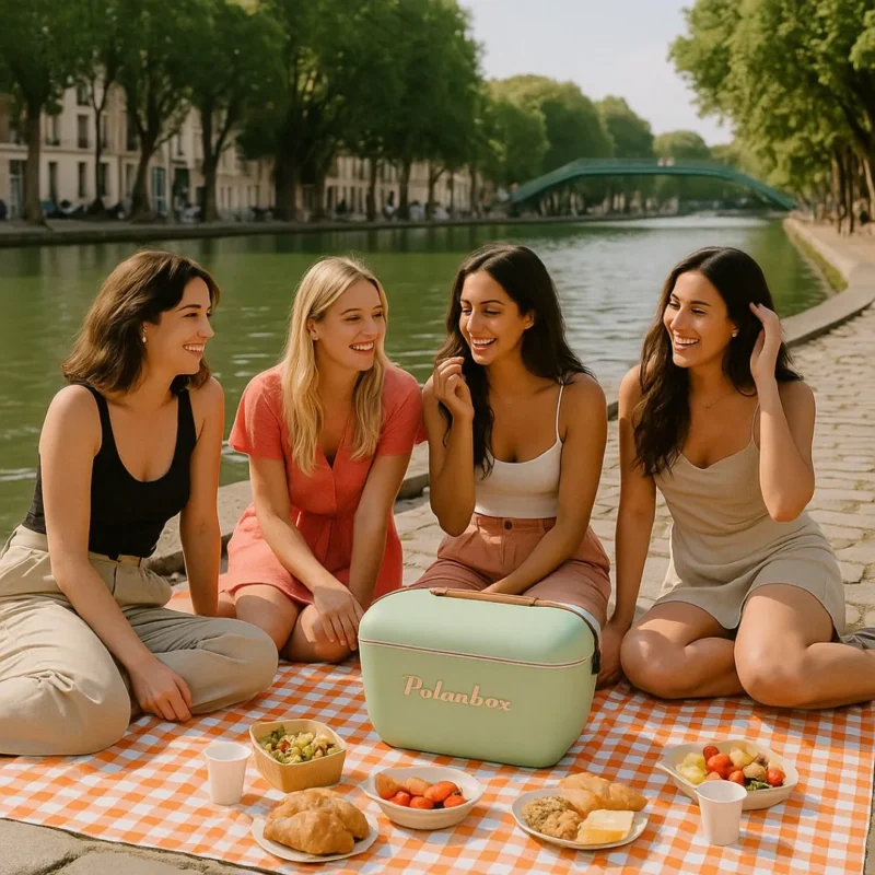 Glacière Polarbox olive gold lors d’un pique-nique au canal Saint-Martin à Paris
