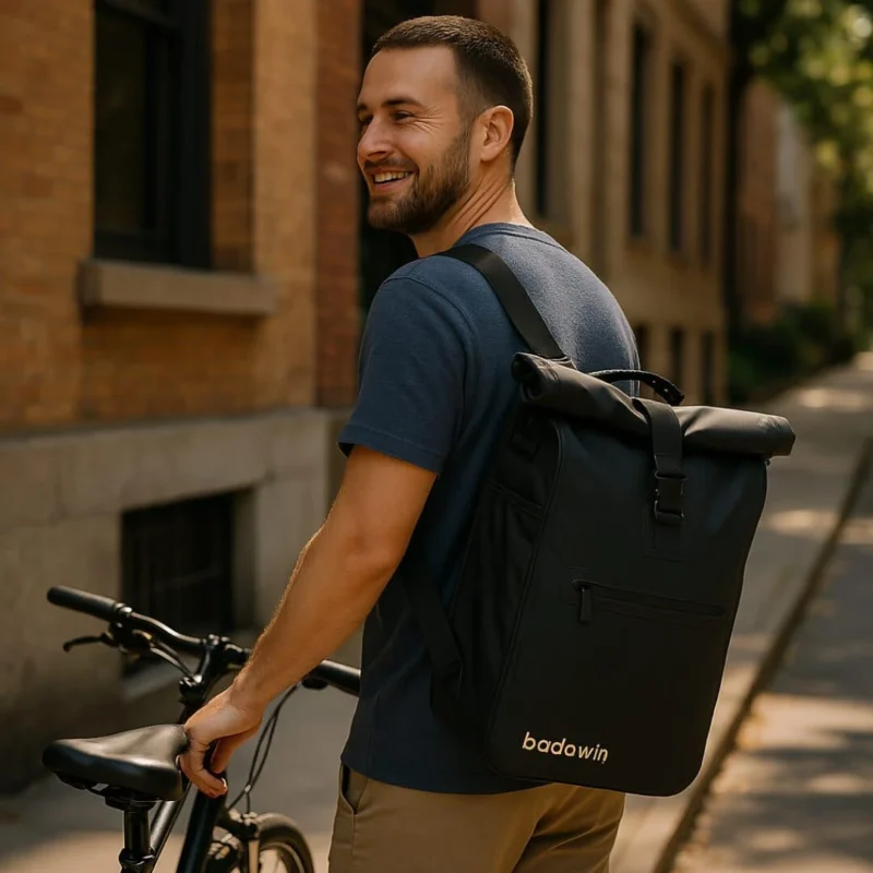 Sac à dos vélo Ali noir Badawin utilisé pour déplacement urbain à vélo