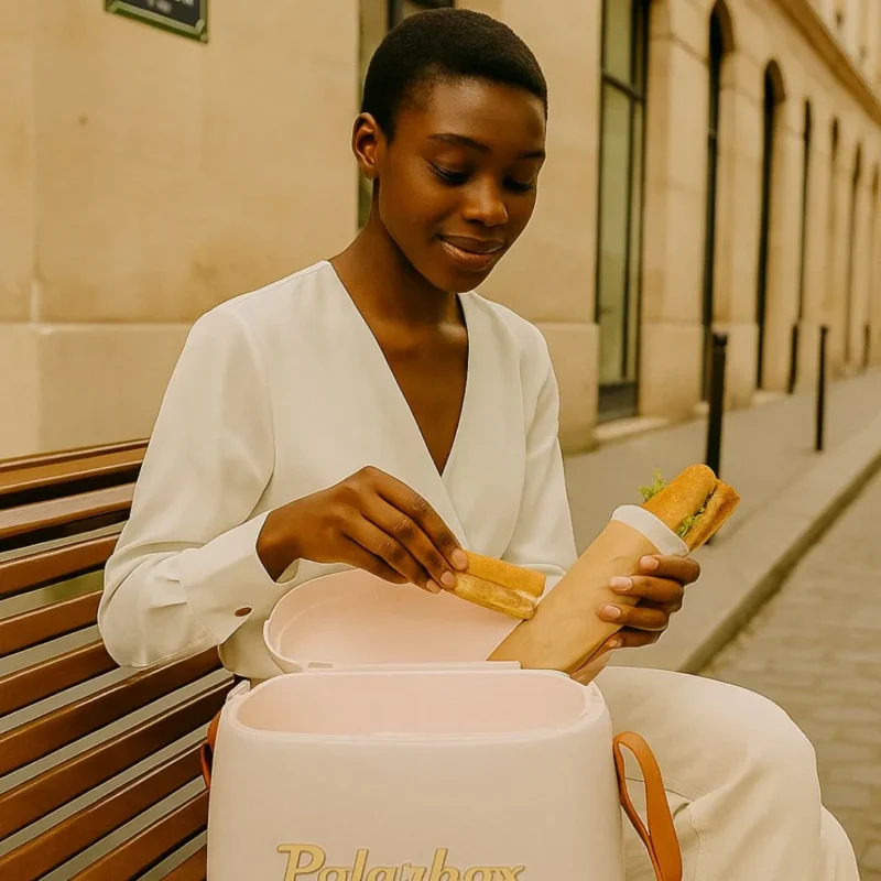 Jeune femme avec glacière Polarbox 6L perle