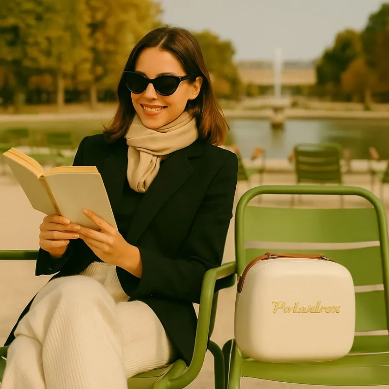 Parisienne lisant un livre au jardin des Tuileries avec une glacière Polarbox Perle
