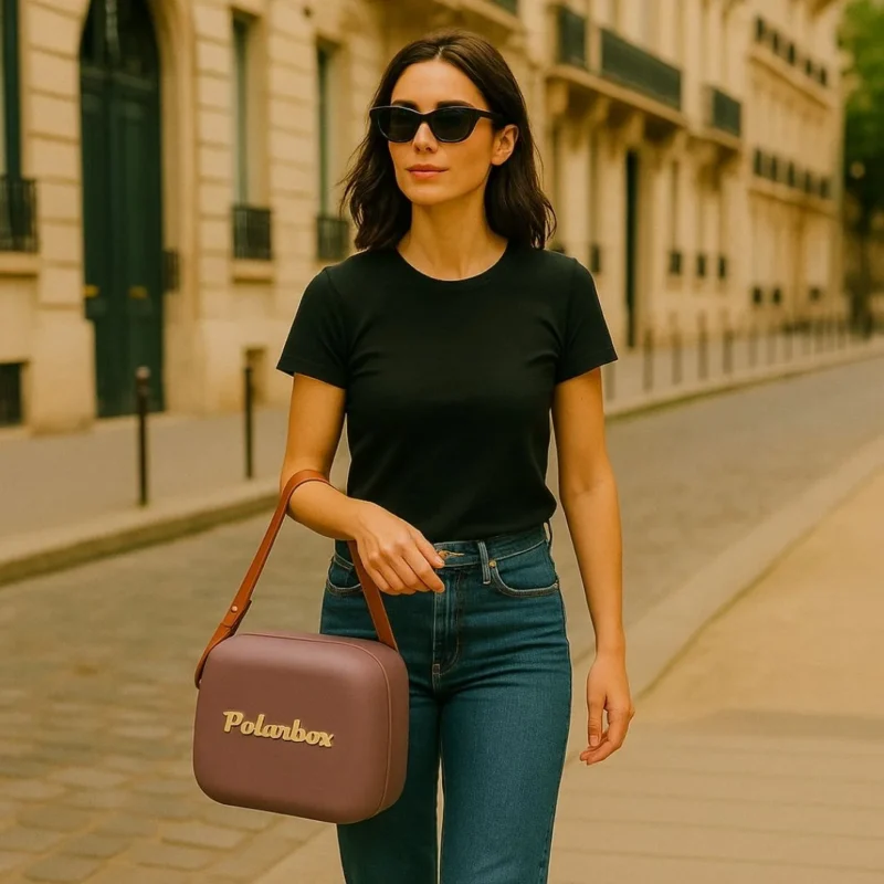 Cooler Bag Polarbox Mauve porté à la main en tenue élégante