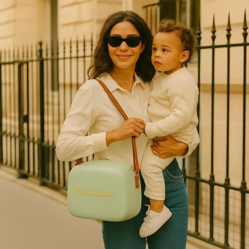 Femme portant une cooler bag Polarbox verte 6L en bandoulière avec son enfant