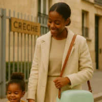 Maman et enfant souriant devant une crèche avec glacière Polarbox verte 6L