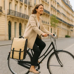 Sac à dos vélo urbain Badawin Moh beige fixé sur un vélo de ville noir, élégant et pratique pour les déplacements quotidiens.