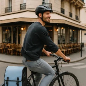 Homme citadin à vélo avec le sac à dos vélo urbain Badawin Moh bleu, élégant et pratique.
