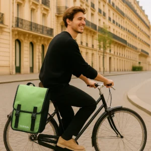 Homme citadin à vélo avec le sac à dos vélo urbain Badawin Moh vert, élégant et pratique.