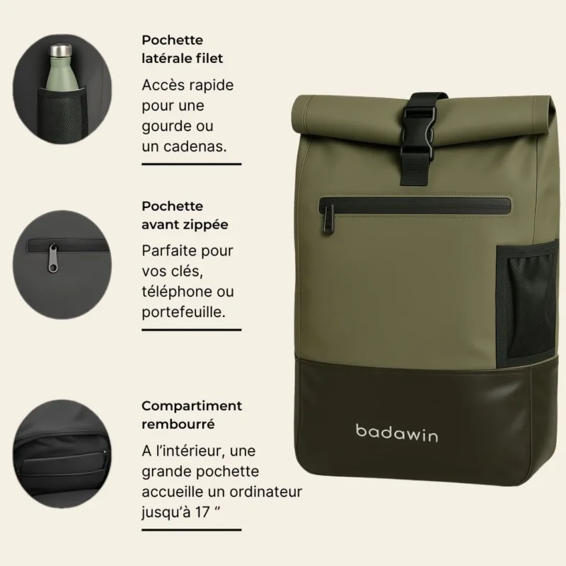 Vue des rangements intérieurs et extérieurs de la sacoche Ancel