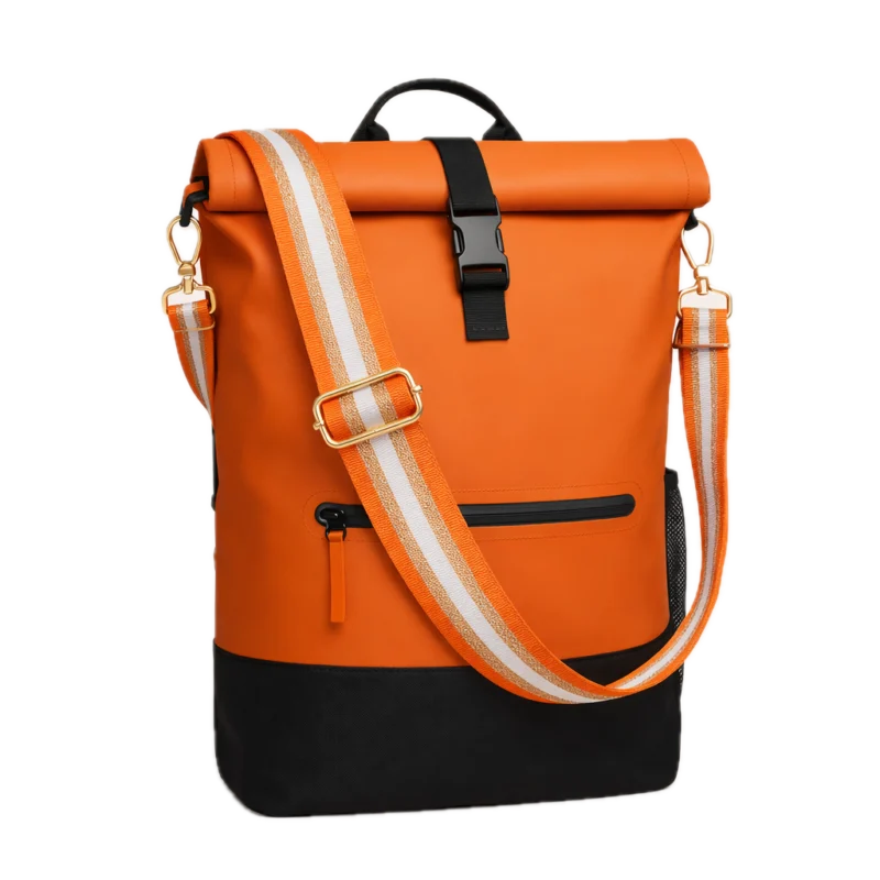 Bandoulière de sac réglable orange avec mousquetons dorés sur un sac Anna orange