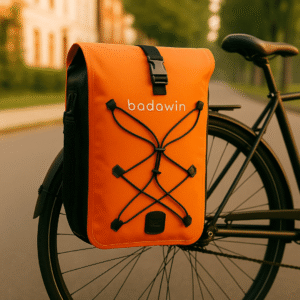 sacoche vélo imperméable orange Badawin Hind 25L fixée sur porte-bagages