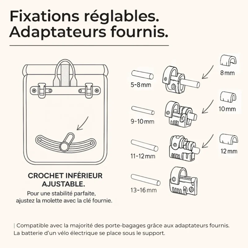 Adaptateurs fournis pour porte-bagages sac vélo Badawin