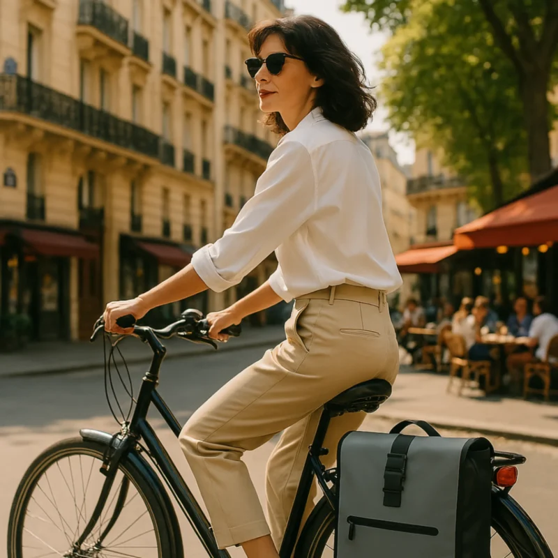 Femme à vélo en ville avec sac vélo Badawin
