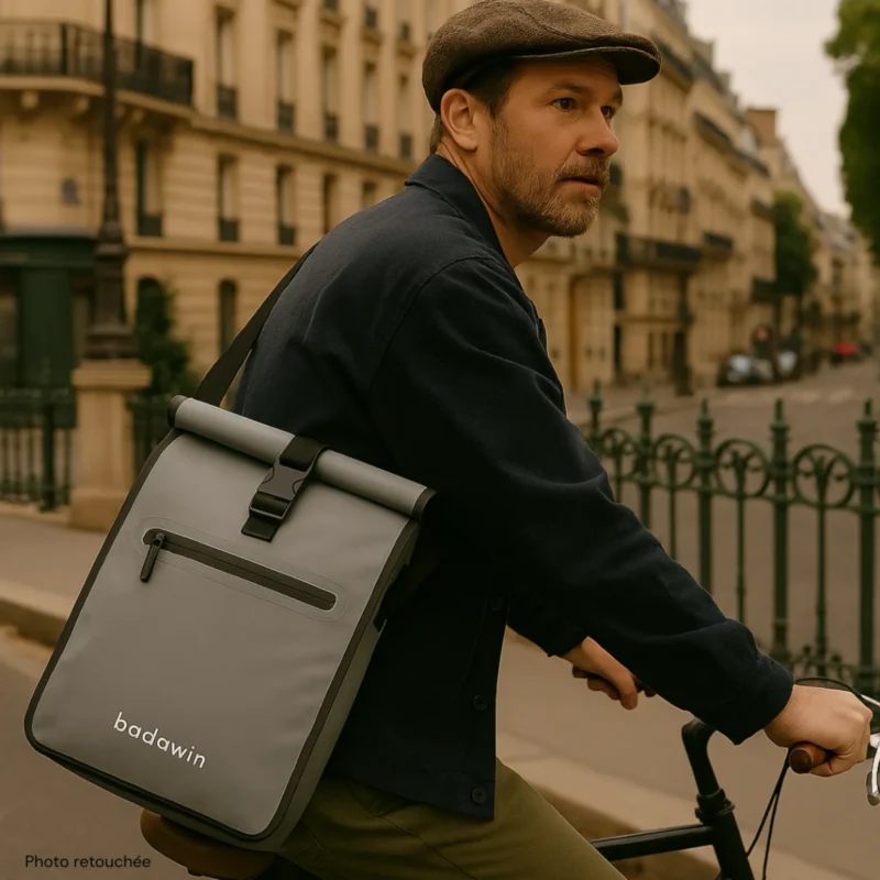 Cycliste avec sac vélo Badawin porté croisé