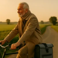 Homme à vélo avec sac vélo Badawin sur route