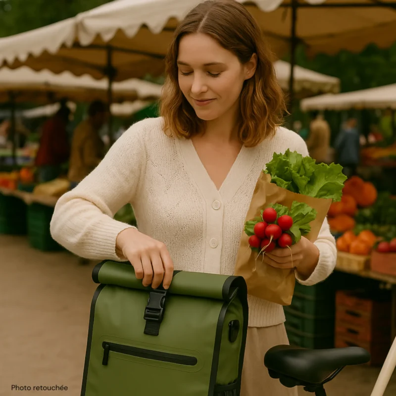 Sacoche vélo Aaron Badawin verte utilisée pour transporter des courses