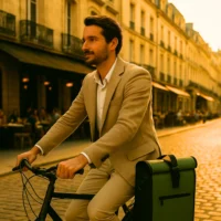 Cycliste urbain avec sacoche vélo Aaron Badawin verte fixée au vélo