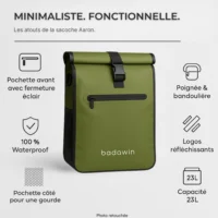 Caractéristiques de la sacoche vélo Aaron Badawin verte étanche et fonctionnelle