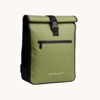 Sacoche vélo Aaron Badawin verte fixée sur porte-bagages